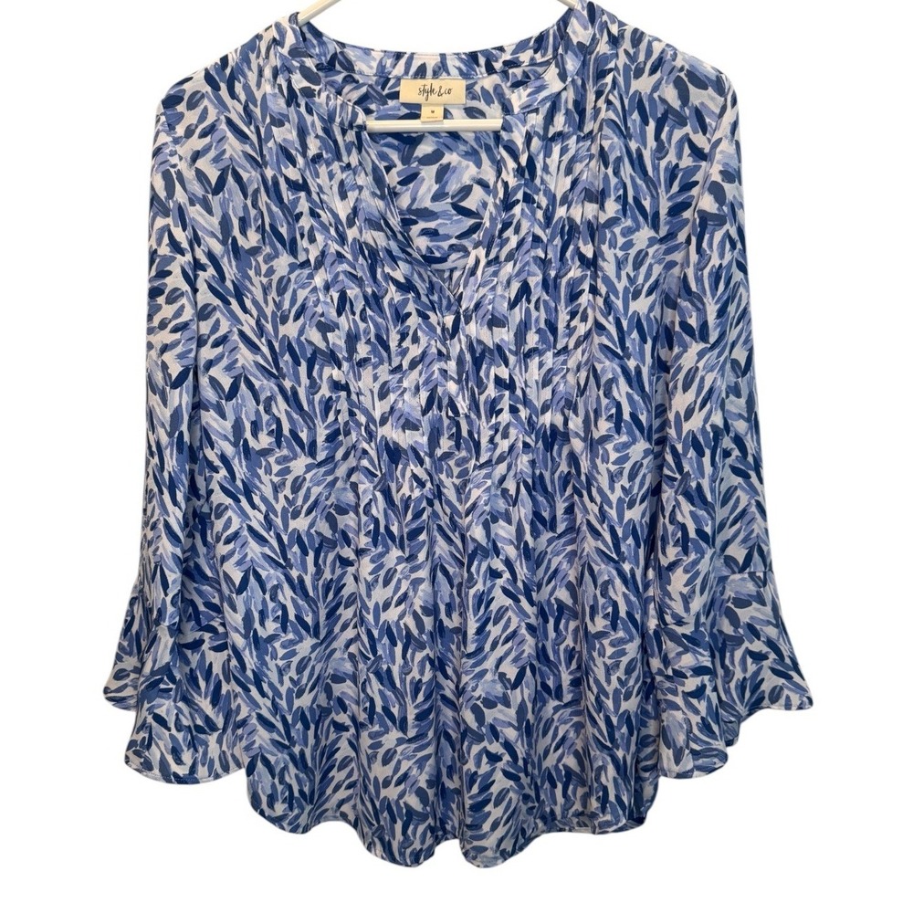 Style & Co Womens Blue Leaf Print Pleated Bell Sleeve Top M Resortwear Boho Chic